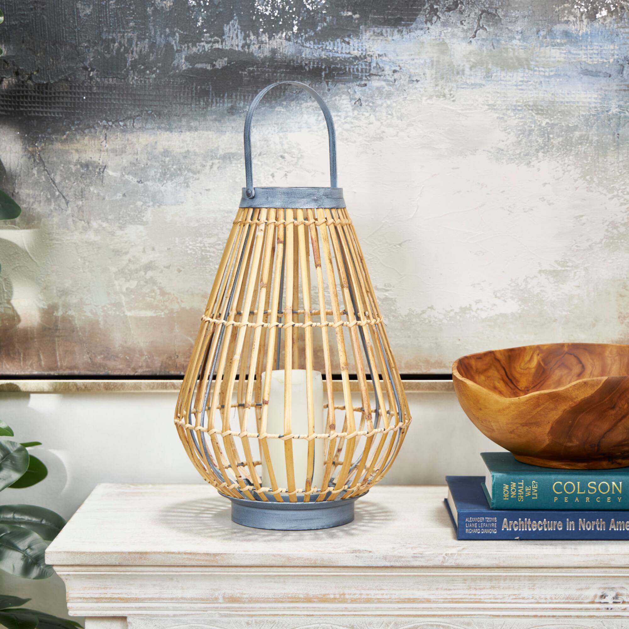 16" Brown Bamboo Handmade Open Framed Candle Lantern with Blue Metal Accents & Handle